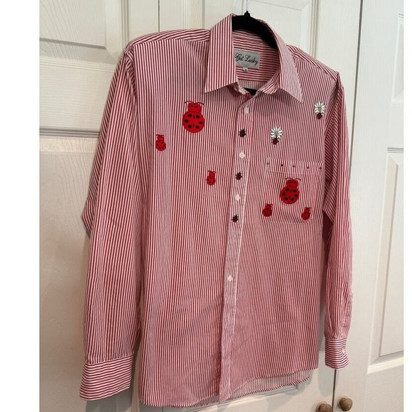 Vintage Get Lucky Ladybug Striped Preppy Cottagecore Button Up Shirt - Picture 2 of 9
